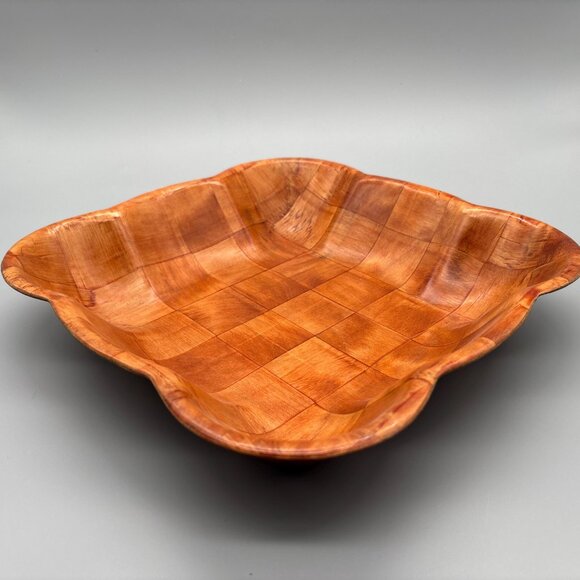 Vintage Large Parquet Wood Square Serving Bowl | Mid Century Thin Handcrafted - Picture 4 of 7